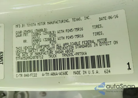 2016 Toyota Tacoma Sr5 z USA, uszkodzony, nr VIN 5TFAX5GN9GX070712